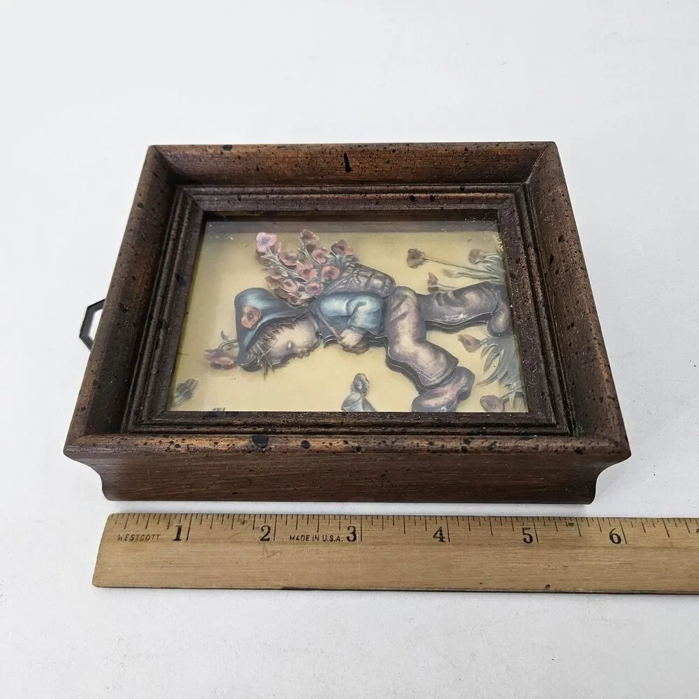 Vintage Hummel Style Shadow Box Frame 3D Art Boy with Flowers Wall Decor Mid